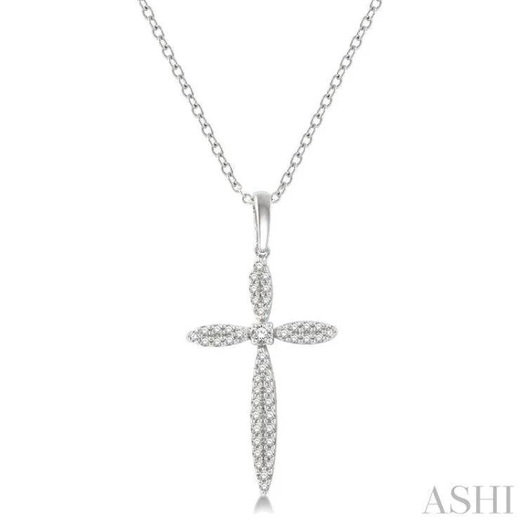 1/4 ctw Marquise Shape Round Cut Diamond Cross Pendant With Chain in 10K White Gold