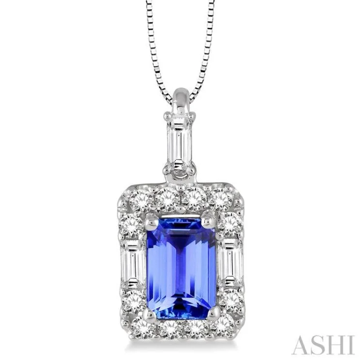 6x4 MM Octagon Cut Tanzanite and 1/3 Ctw Round Cut Diamond Pendant in 14K White Gold with Chain