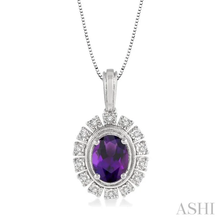 1/10 ctw Oval Shape 8x6mm Amethyst & Round Cut Diamond Semi Precious Pendant With Chain in 10K White Gold