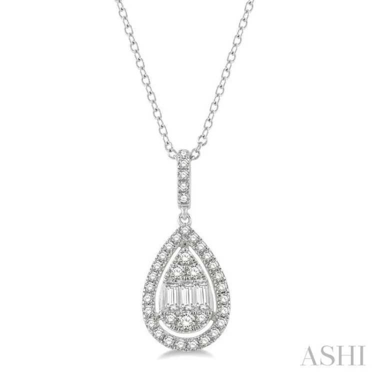 1/3 ctw Pear Shape Halo Baguette and Round Cut Diamond Fusion Pendant With Chain in 14K White Gold