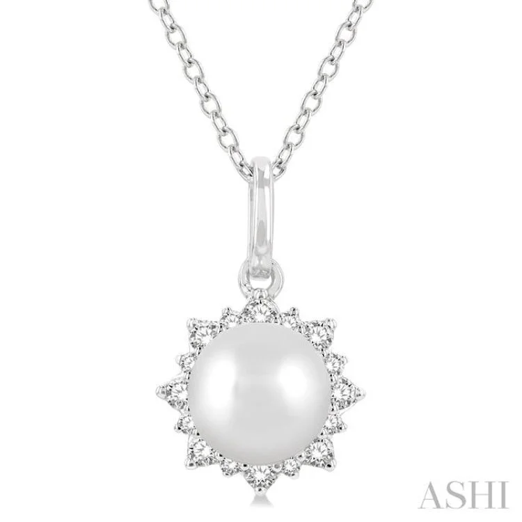 1/10 ctw Petite Sun 6X6 MM Cultured Pearl and Round Cut Diamond Fashion Pendant With Chain in 10K White Gold