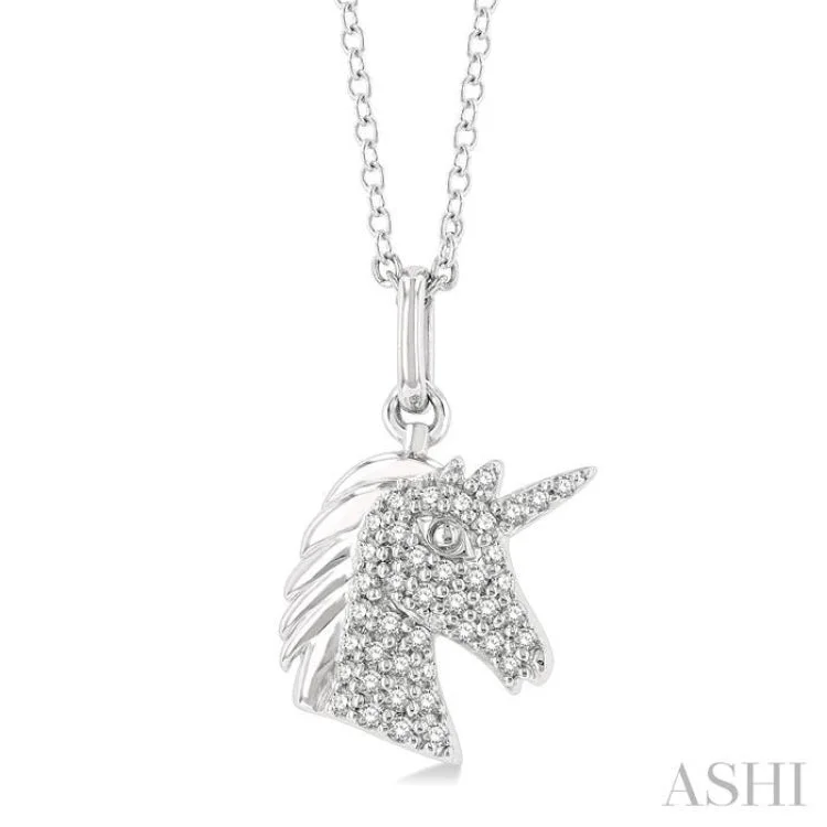 1/6 ctw Petite Unicorn Head Round Cut Diamond Fashion Pendant With Chain in 10K White Gold