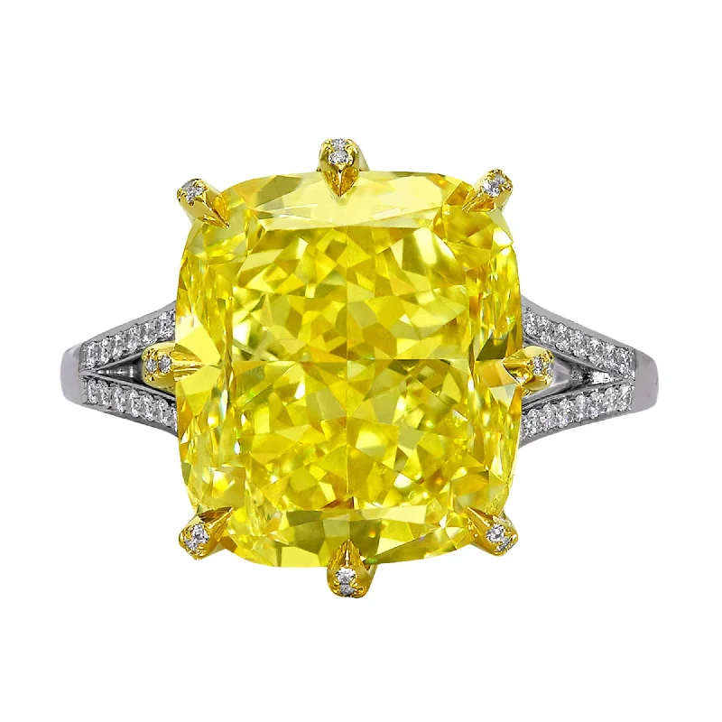 Platinum 10.01 Fancy Intense Yellow Cushion Diamond Ring