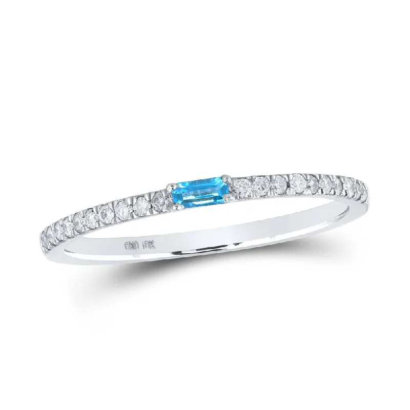 10kt White Gold Womens Baguette Blue Topaz Diamond Band Ring 1/5 Cttw