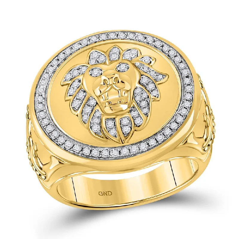 10kt Yellow Gold Mens Round Diamond Lion Circle Ring 5/8 Cttw