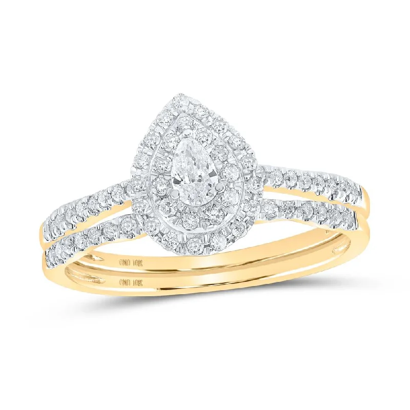 10kt Yellow Gold Pear Diamond Bridal Wedding Ring Band Set 3/8 Cttw