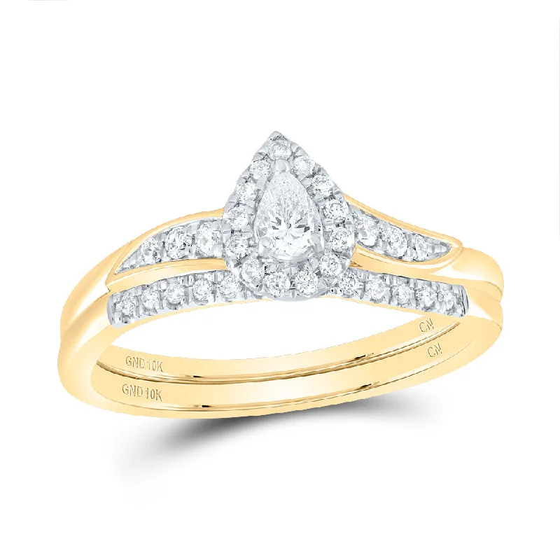 10kt Yellow Gold Pear Diamond Solitaire Bridal Wedding Ring Band Set 1/3 Cttw