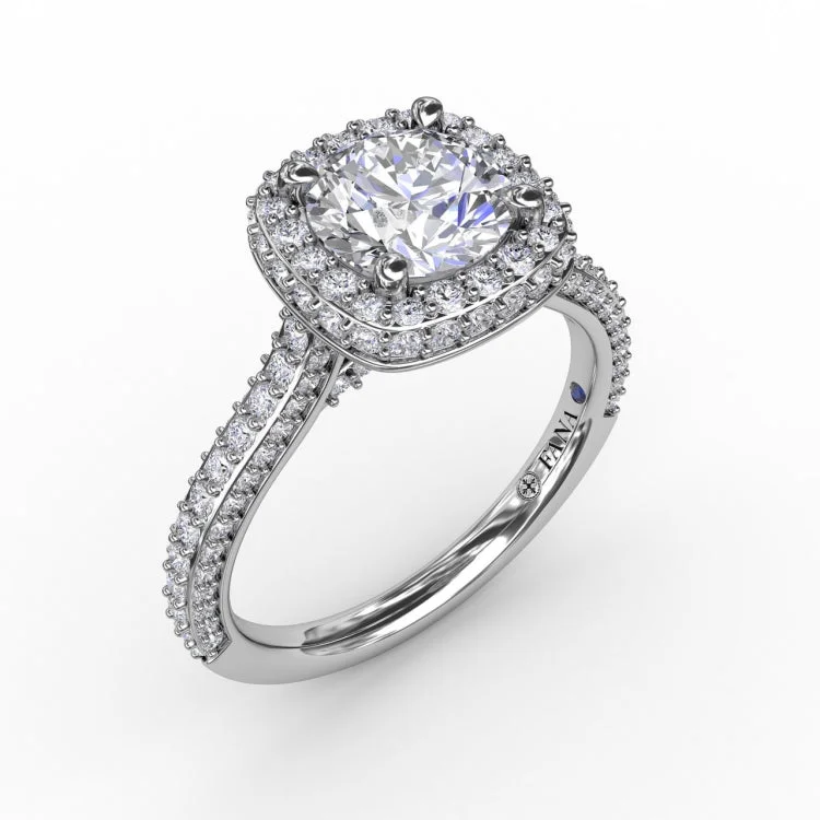 Cushion-Shaped Waterfall Halo Engagement Ring With PavÃ© Band