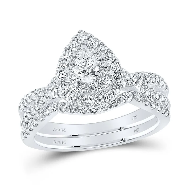 14kt White Gold Pear Diamond Halo Bridal Wedding Ring Band Set 1 Cttw