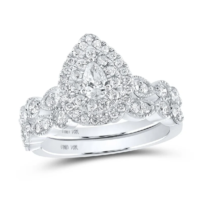 14kt White Gold Pear Diamond Halo Bridal Wedding Ring Band Set 1 Cttw