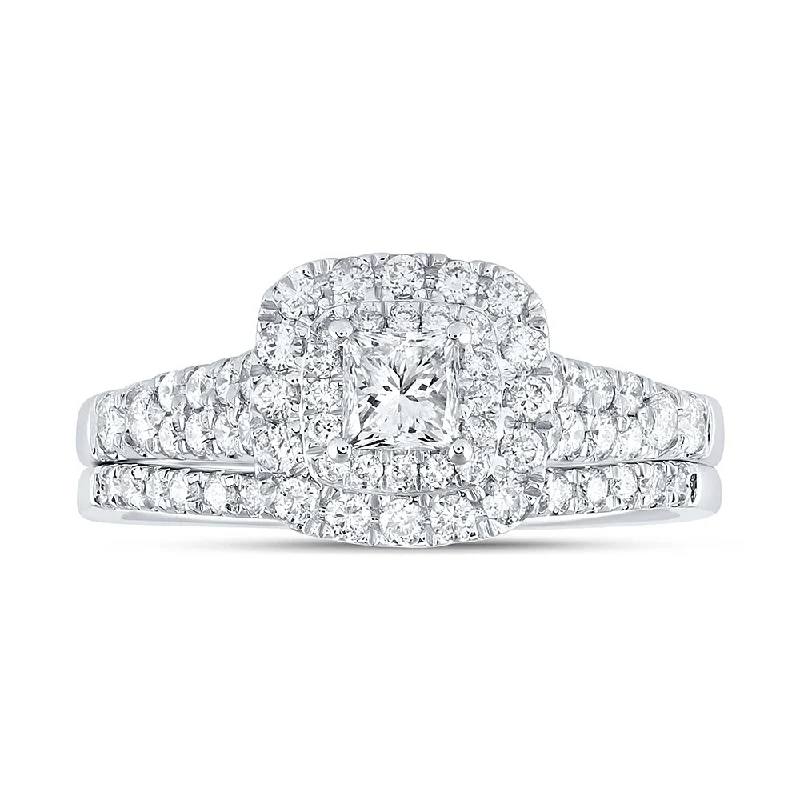 14kt White Gold Princess Diamond Halo Bridal Wedding Ring Band Set 1 Cttw