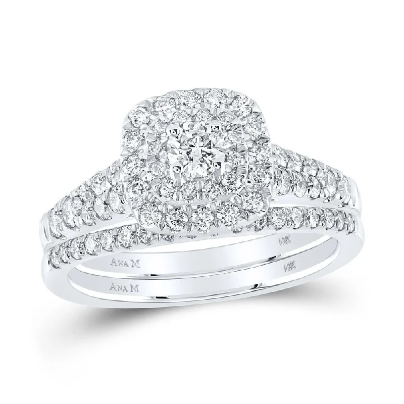 14kt White Gold Round Diamond Halo Bridal Wedding Ring Band Set 1 Cttw