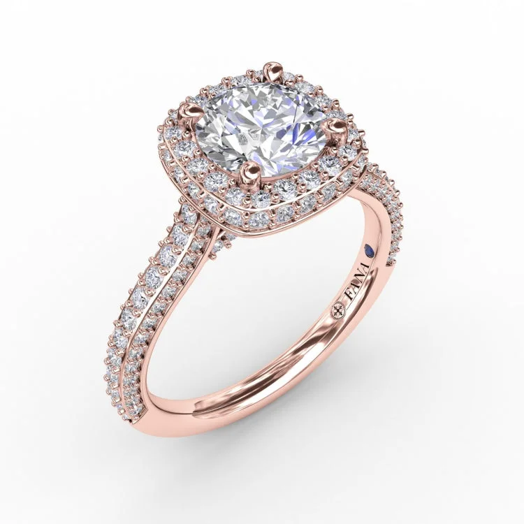 Cushion-Shaped Waterfall Halo Engagement Ring With PavÃ© Band