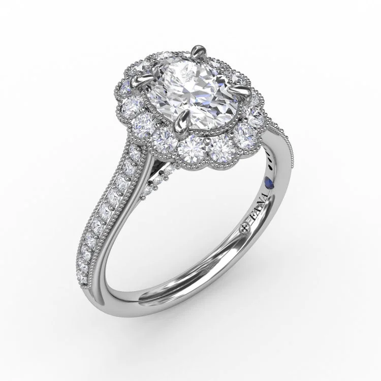 Vintage Scalloped Halo Oval Engagement Ring With Milgrain Details