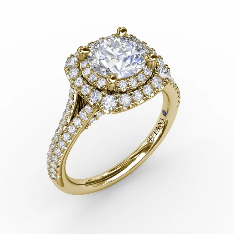 Cushion-Shaped Double Halo PavÃ© Diamond Engagement Ring with Split Shank