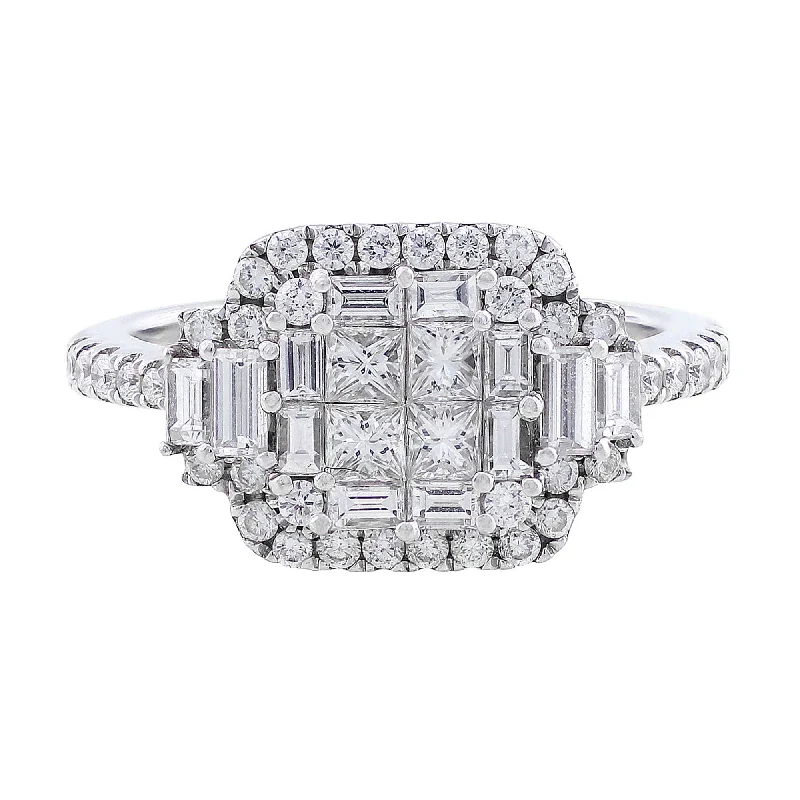 18k White Gold Baguette & Round Cut Square Diamond Ring