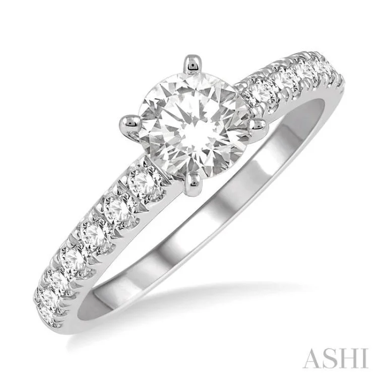 5/8 ct Round Cut Diamond Ladies Engagement Ring with 1/3 Ct Round Cut Center Stone in 14K White Gold