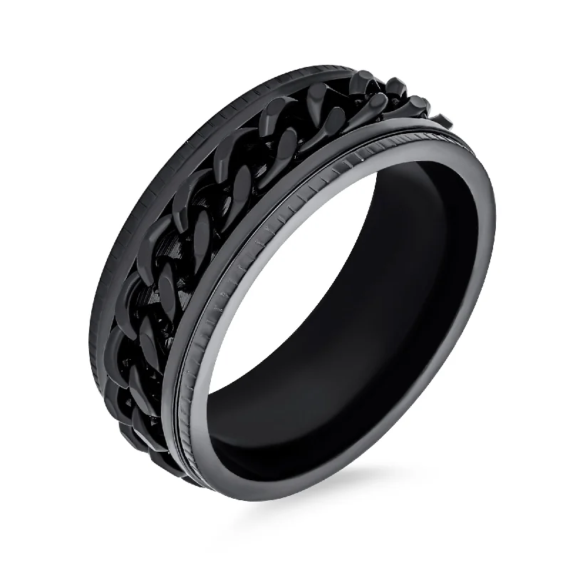 Black Rope Chain Mens Stainless Steel Biker Spinner Fidget Ring for Anxiety Relief