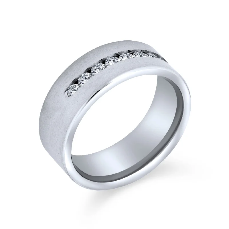 Channel Set CZ Silver Tone Tungsten Wedding Band Ring for Men