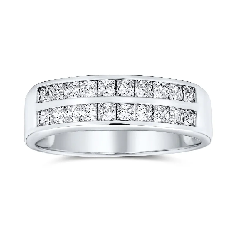 Cocktail Statement Ring: Two Row CZ Channel Set Princess Cut Anniversary Band 925 Silver