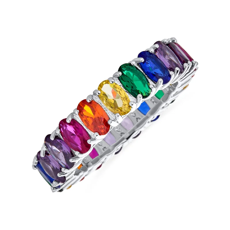 Cubic Zirconia Rainbow Cocktail Statement Ring Sterling Silver Stackable Band