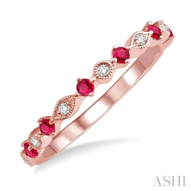 1.80 MM Round Cut Ruby and 1/20 Ctw Round Cut Diamond Precious Half Eternity Wedding Band in 14K Rose Gold