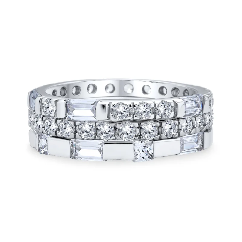 Geometric CZ Cocktail Statement Ring: Stackable Eternity Band Set in Sterling Silver