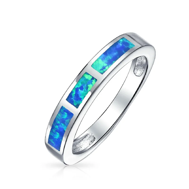 Geometric Eternity Opal Inlay Stackable Band Silver Ring October Birthstone