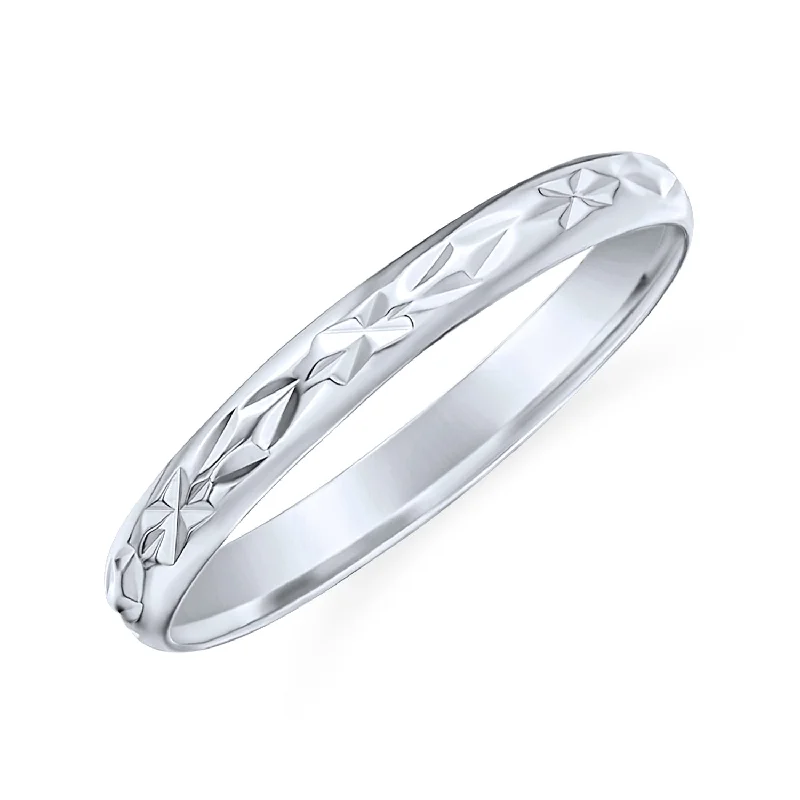 Mens Silver Ring: Elegant Diamond Cut Wedding Band with Striped Edge Pattern