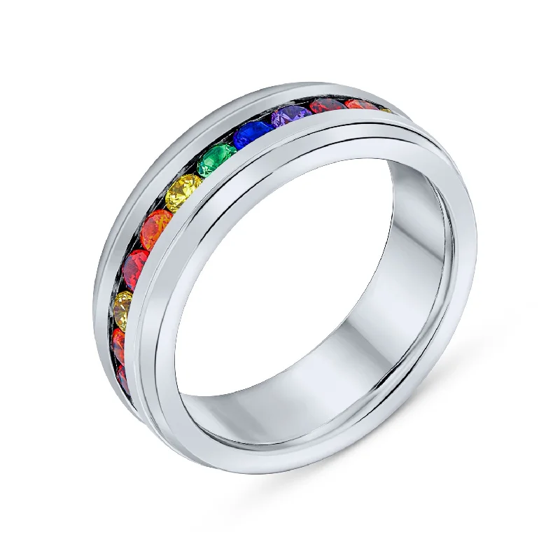 Mens Stainless Steel Rainbow CZ Eternity Ring LGBTQ Wedding Band Comfort Fit