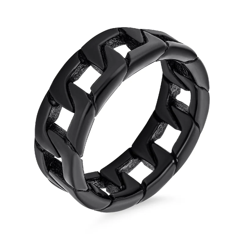 Mens Stainless Steel Biker Jewelry Black Cuban Chain Ring Band Gothic Style