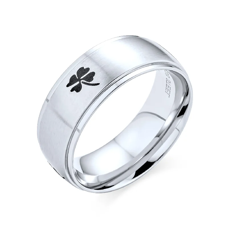 Mens Stainless Steel Celtic Irish Shamrock Wedding Band Ring Matte Silver Tone