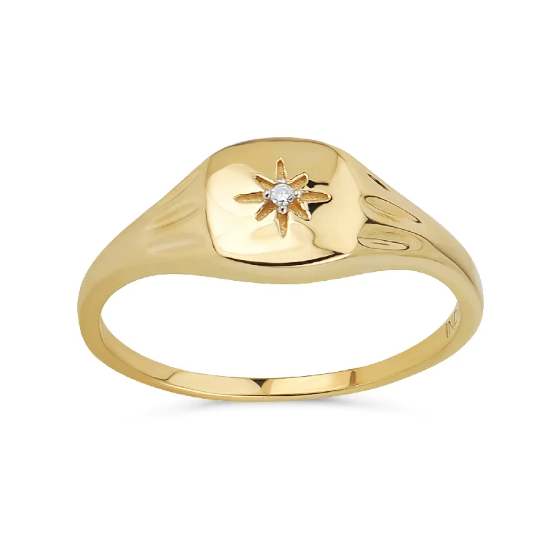 Minimalist Diamond Chip Yellow 14K Gold Celestial North Star Ring Thin 1MM Band