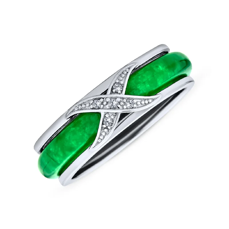 Pave CZ Accent Criss Cross Cocktail Statement Ring with Green Jade Band in Sterling Silver