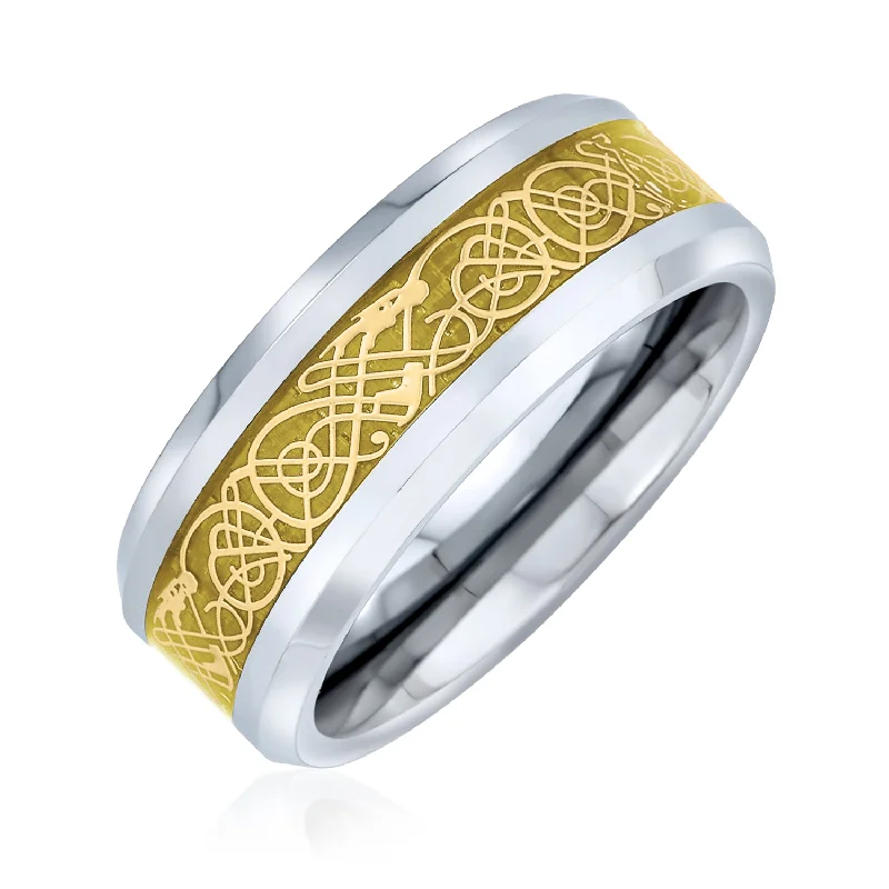 Two Tone Celtic Knot Tungsten Wedding Band Ring with Dragon Carbon Fiber Inlay for Men