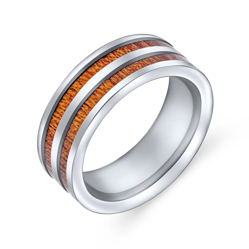 Tungsten Wedding Band Ring with Double Row Koa Wood Inlay and Silver Tone Comfort Fit