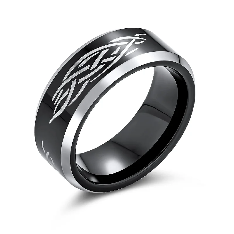 Laser Etched Catholic Tungsten Wedding Band Ring with Black Christ Thorn Design for Men