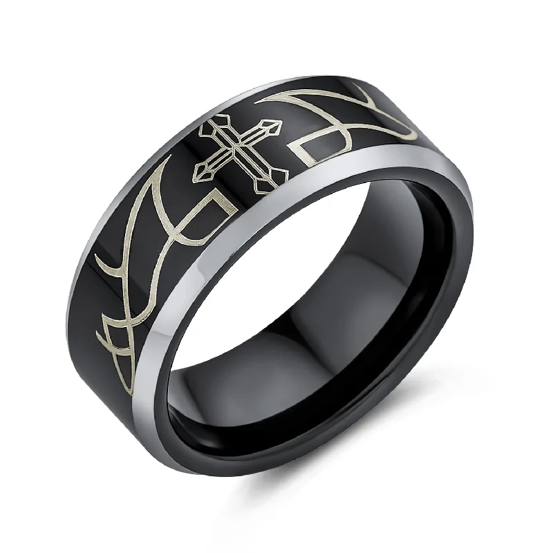 Laser Etched Tungsten Wedding Band Ring with Catholic Cross Design for Men Comfort Fit