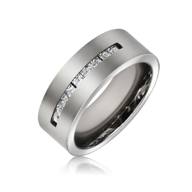 Wide CZ Channel Set Tungsten Wedding Band Ring for Men Silver Tone Titanium