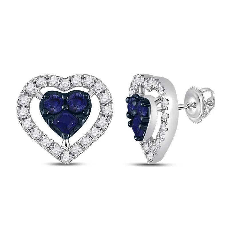 10kt White Gold Womens Round Blue Sapphire Diamond Heart Earrings 7/8 Cttw