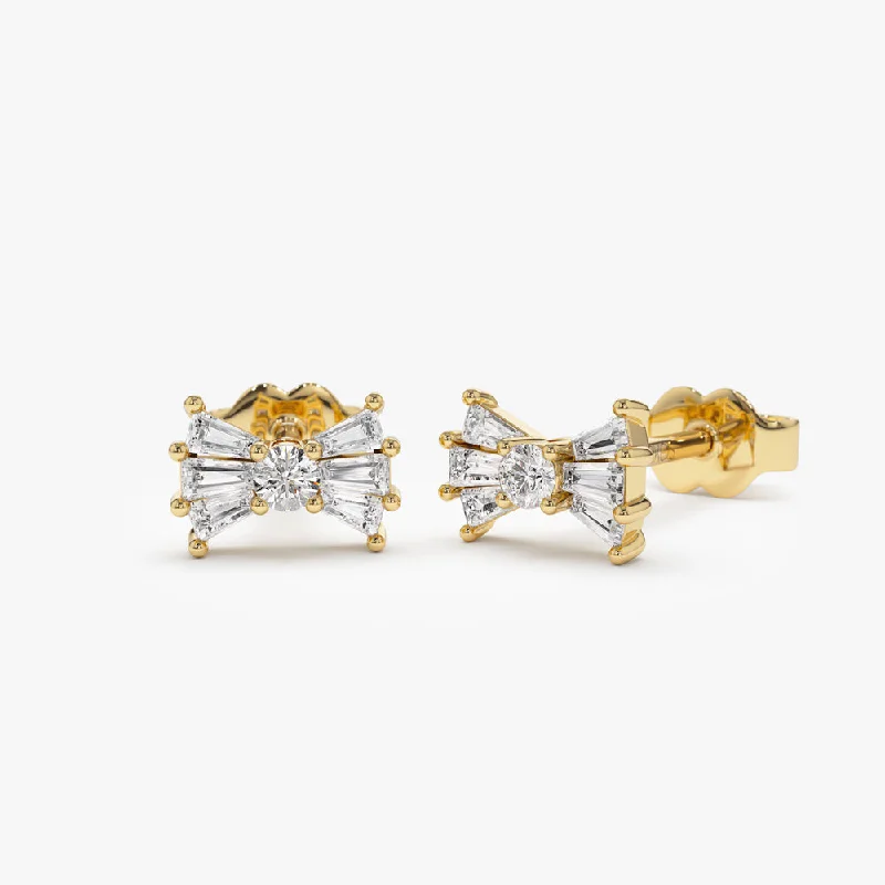 14k Baguette and Round Diamond Bow Stud Earrings