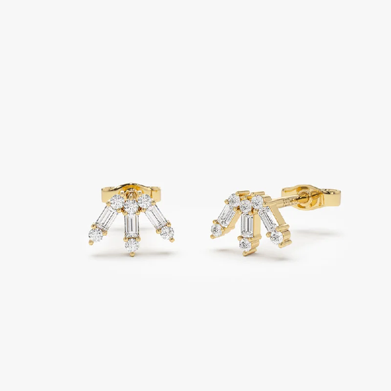 14k Baguette and Round Diamond Spike Studs