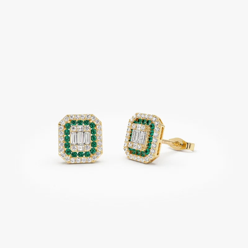 14k Baguette and Round Emerald Studs Halo Setting