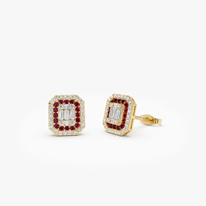 14k Baguette and Round Ruby Studs Halo Setting