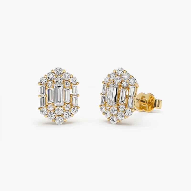 14k Baguette & Round Diamond Hexagon Studs