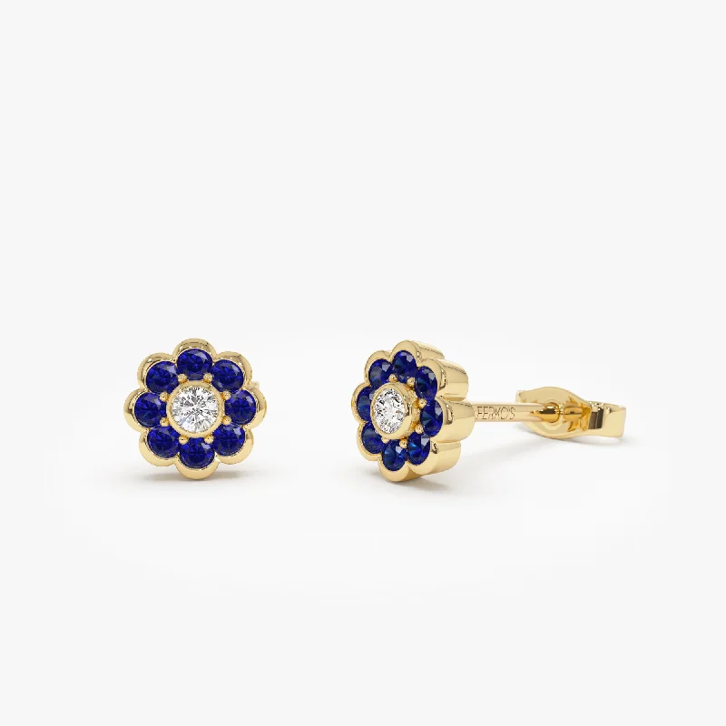 14K Bezel Setting Sapphire Flower Diamond Studs