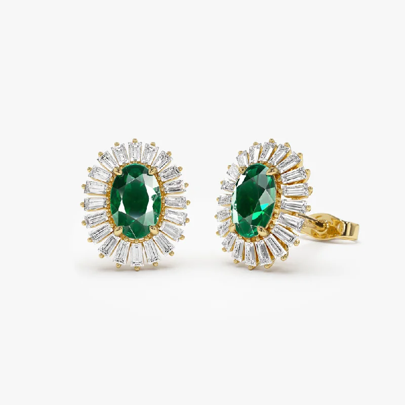 14k Emerald and Baguette Diamond Ballerina Stud Earrings