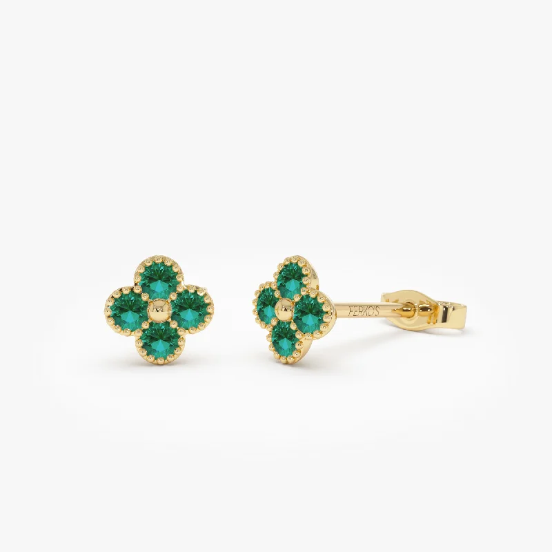 14k Emerald Clover Beaded Studs