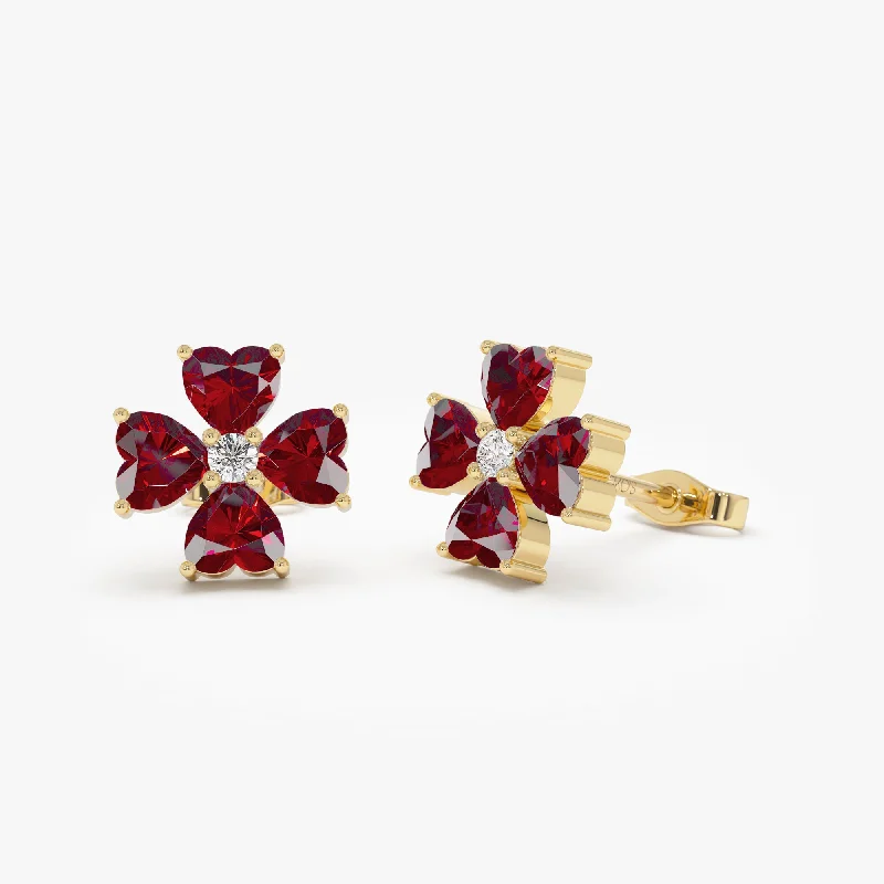 14k Garnet Four Leaf Clover Studs