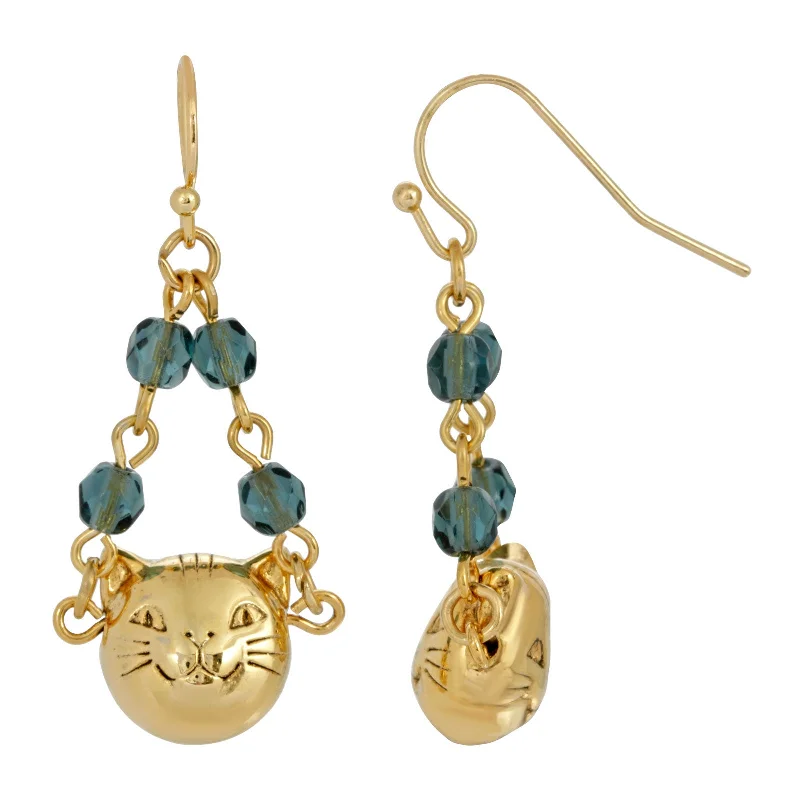 1928 Jewelry® 14K Gold Dipped Cat Face With  Blue Beaded Chain Drop Wire Earrings